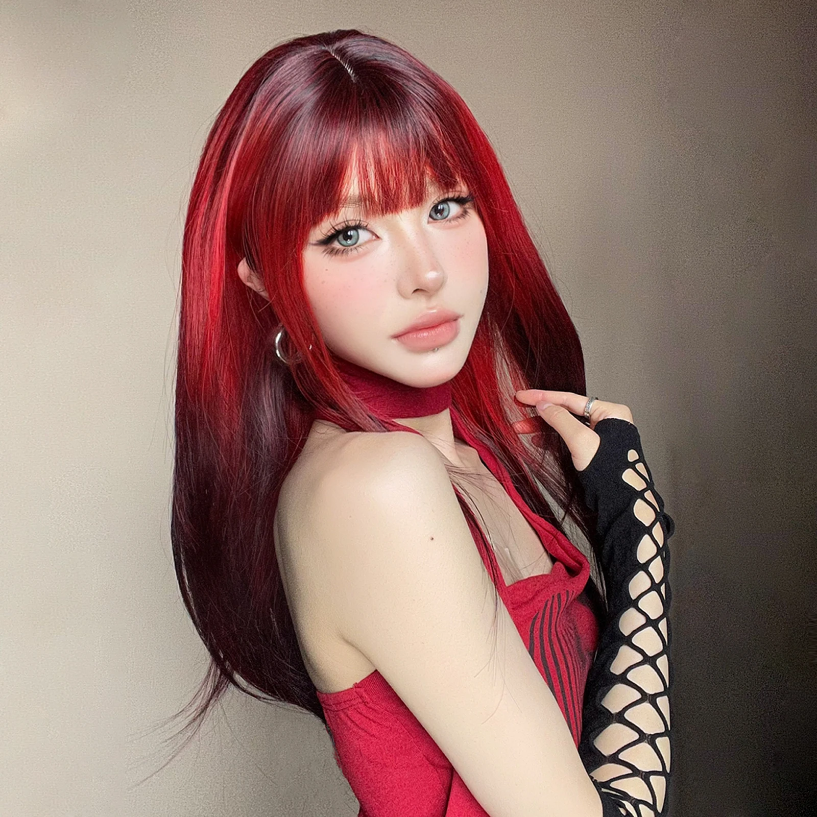 Long Straight Layered Synthetic Wig Black red Highlights Wig with Bangs Daily Use Natural Hair Heat Resistant Wig for Women