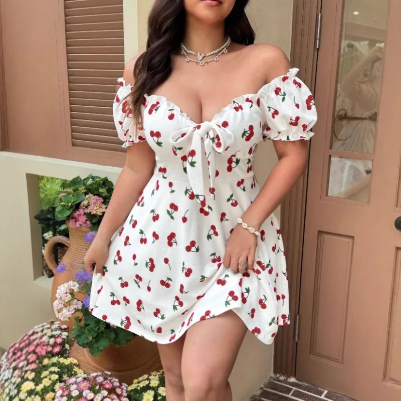 Grande taille vêtements pour femmes pastorale cerise imprimé manches bouffantes grand ourlet robe douce mince robe mi-longue européenne et américaine S