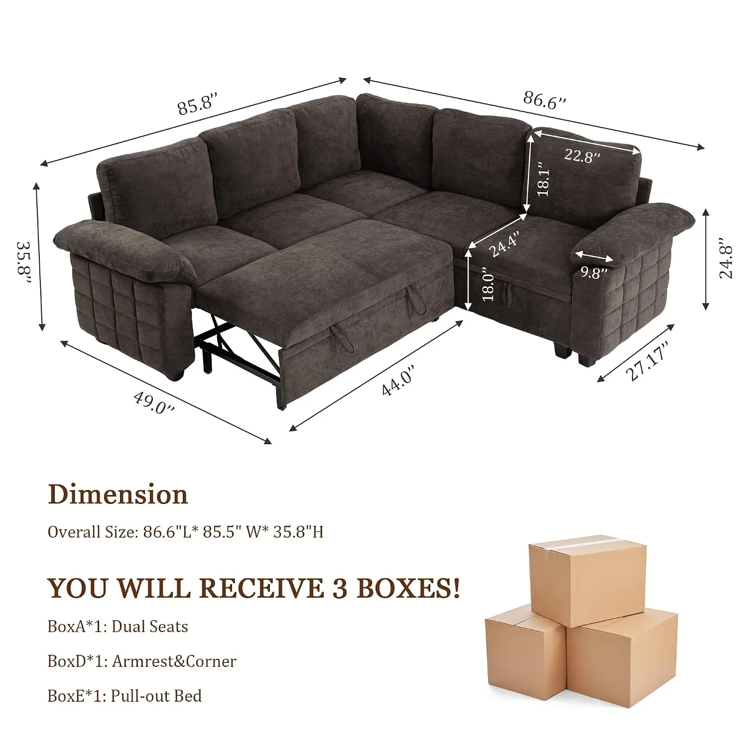 Modern L-Shape Sleeper Sofa with Pull-Out Bed and Storage Seat (Mocha Dark Brown, 5-Seater), Customized