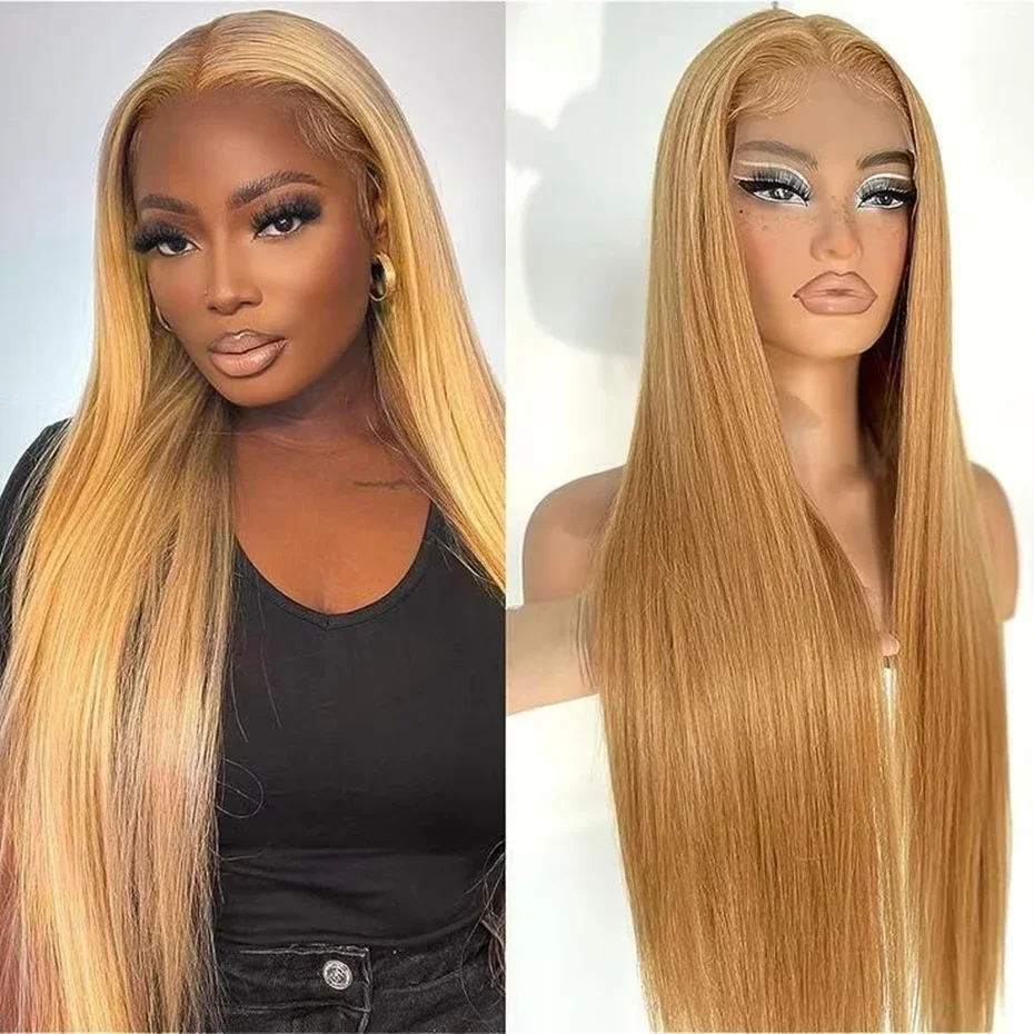 13x6 Honey Blonde HD Lace Front Human Hair Wigs Straight #27 Colored 180% HD Transparent Lace Frontal Wigs PrePlucked For Women