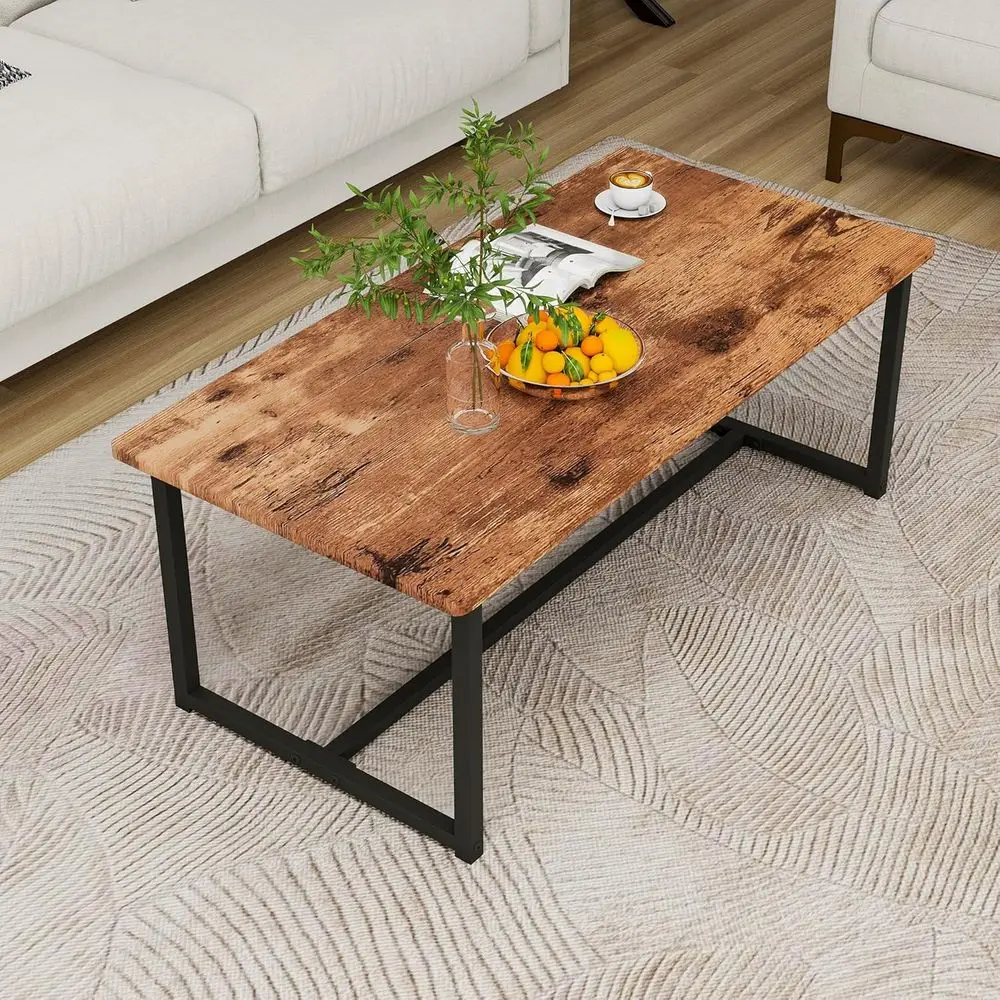 โต๊ะกาแฟในห้องนั่งเล่นทรงสี่เหลี่ยมพร้อมโครงโลหะ ประกอบง่าย สีดำและสีน้ำตาลแบบชนบท