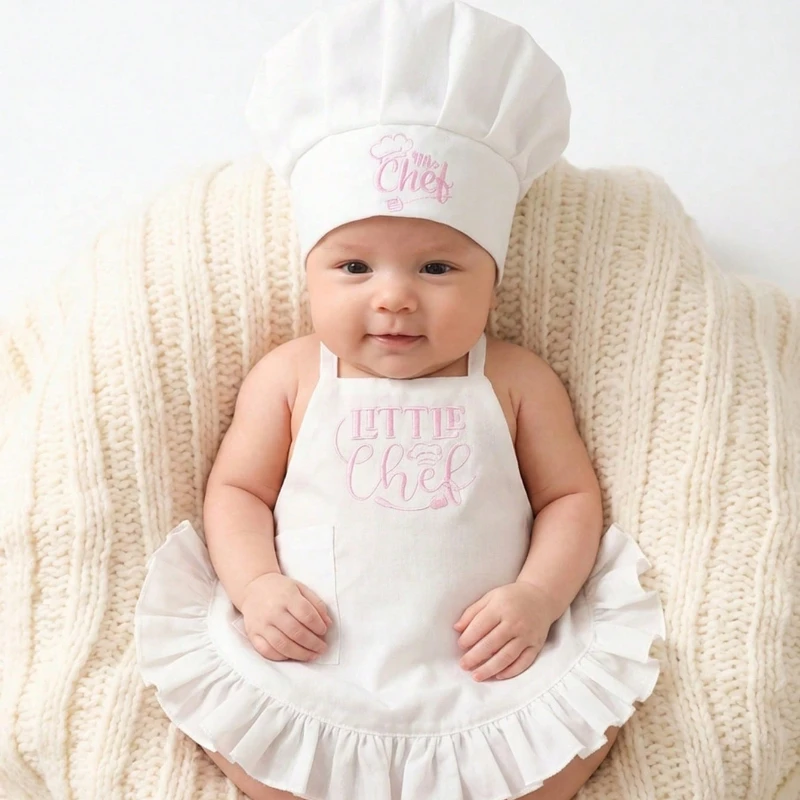 Newborn Photography Props Baby Chef Costume Set Pink Ruffled Apron Hat 2Pcs Infant Cook Baker Photo Shoot Outfit Studio