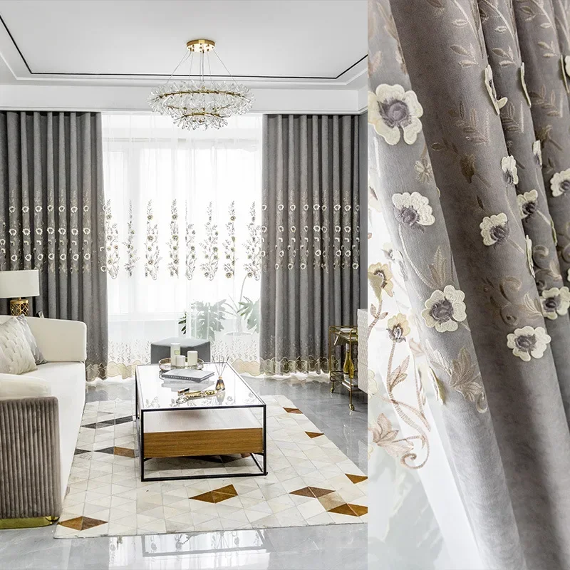 Curtains for Living Room Dining Bedroom Embroidered Chenille Imitation Linen European Style Embossed High Shading Windows Door