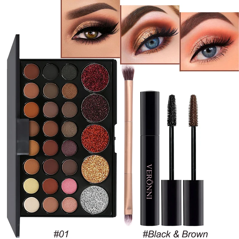 Paleta de sombras de ojos con máscara y pincel, 4 piezas, 29 colores, mate tierra, resistente al agua, brillo brillante, maquillaje duradero