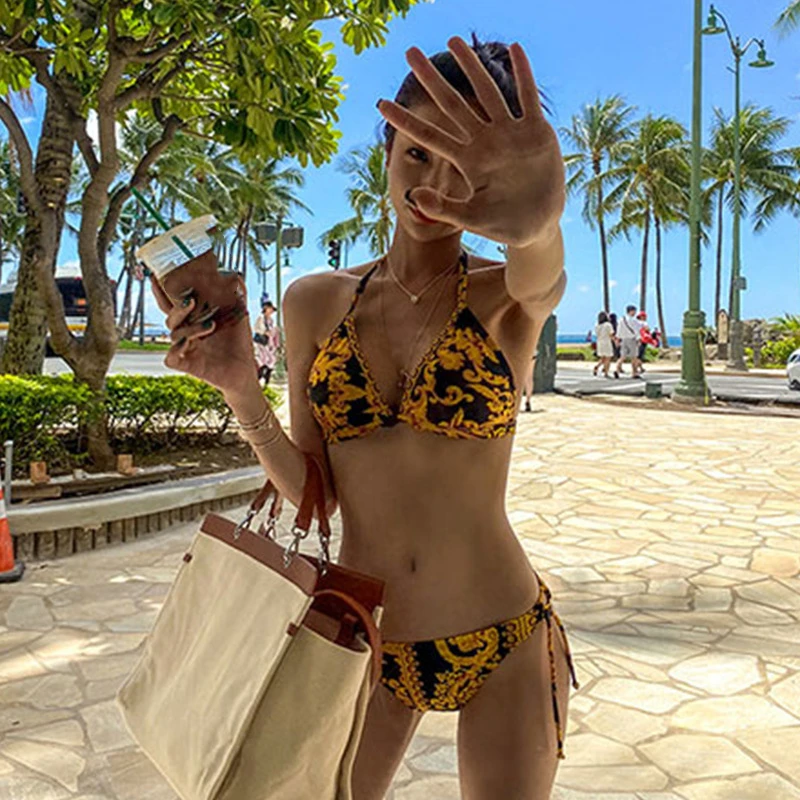 

Sexy 2 Pieces Print Bikini 2025 Women Swimsuit Female Swimwear Tie Side Bikinis Set Brazilian Korean Beach Bathing Suit Biquini