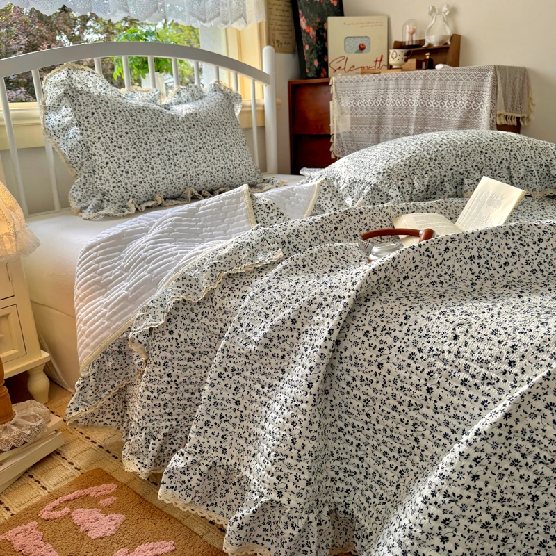 Cubrecama Acolchado para Camas Individuales/Queen/King con Encaje, Ropa de Cama, Cubrecolchón Doble con Volantes
