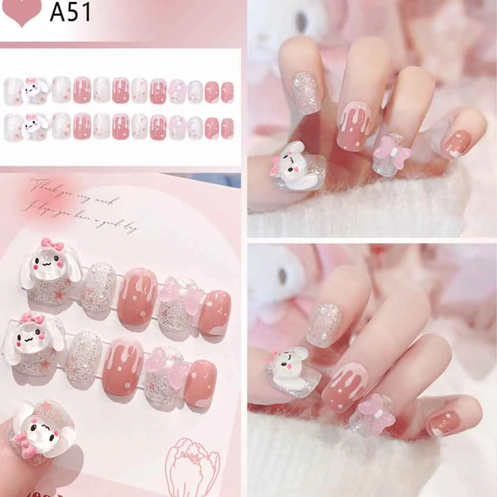24 Stuks Kawaii Cinnamoroll Kunstnagels Cartoon Kuromi/Hello Kitty Volledige Dekking Nep Nagels Tip Vrouwen Meisje Wearable Druk op Nagels