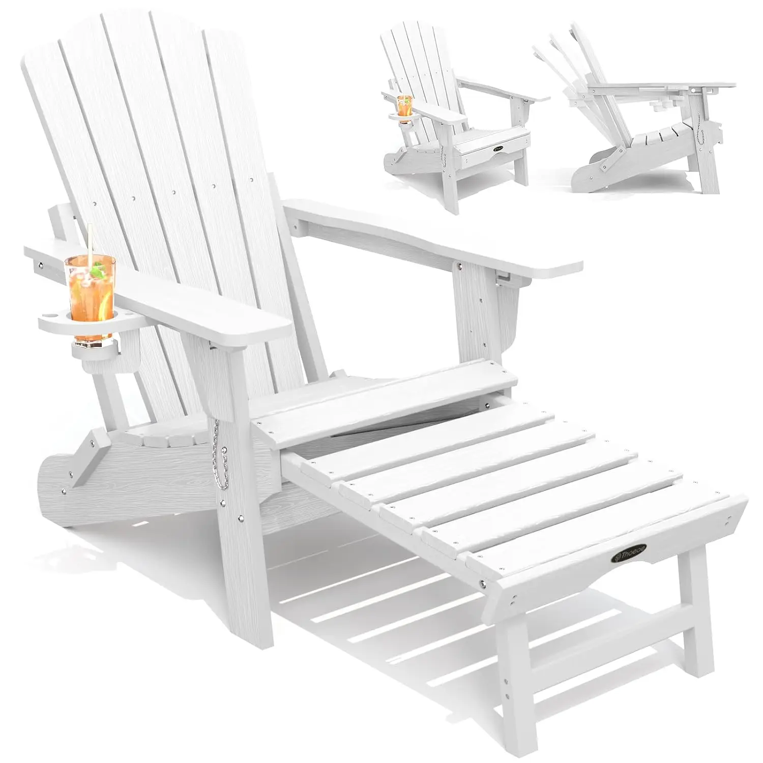 Folding Adirondack Chair with Ottoman, Footrest & Cup Holder, All-Weather HDPE Outdoor Patio Furniture, White, Customized