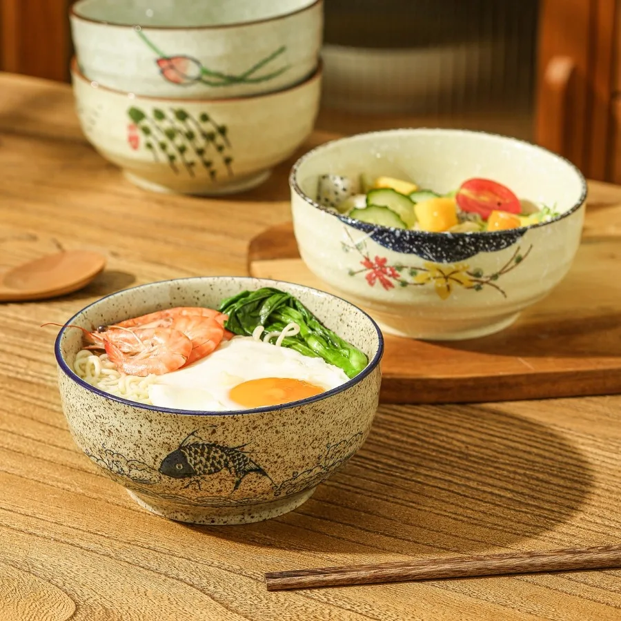 Retro Ceramic Underglaze Rice Bowls Hand-Painted Lotus Ramen Soup Salad Bowl Kitchen Tableware Noodle Holder Rice Bowl