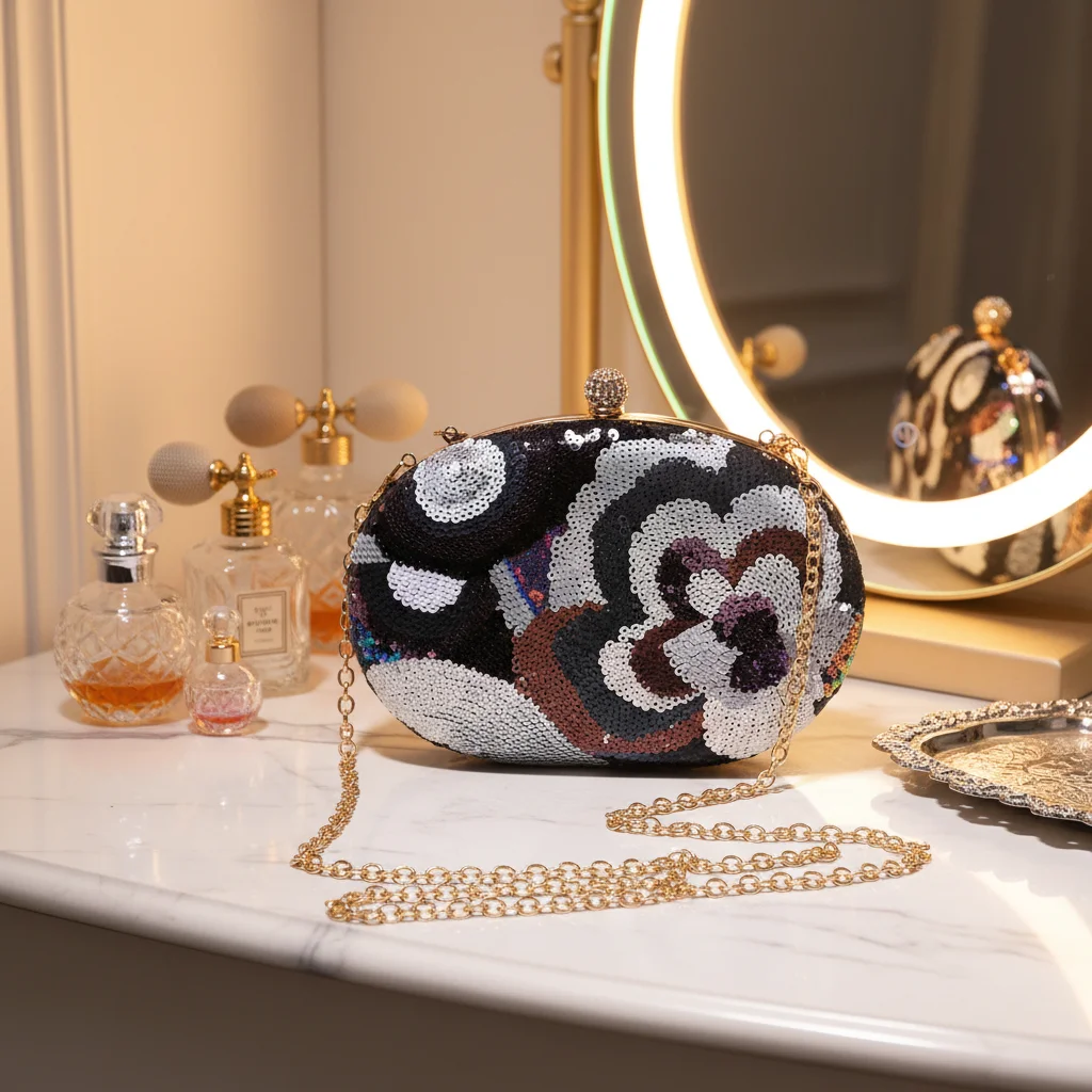 Cross-border New Floral Evening Clutch Bag Cross-Body Strap Polyester for Cheongsam Banquet Use Embroidery Sequins Dinner Bag