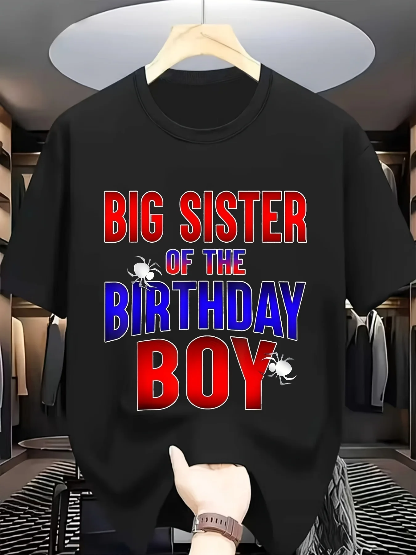 Big Sister of the Birthday Spider Web Graphic T Shirt Black Short Sleeve Tee with Bold Red Blue Print Playful Casual Gift for Family Friends S XXXL All Season Comfort Fit EveryVintage PatRetro Casual Crew Neck Printed T-Shirt, PLUS SIZE