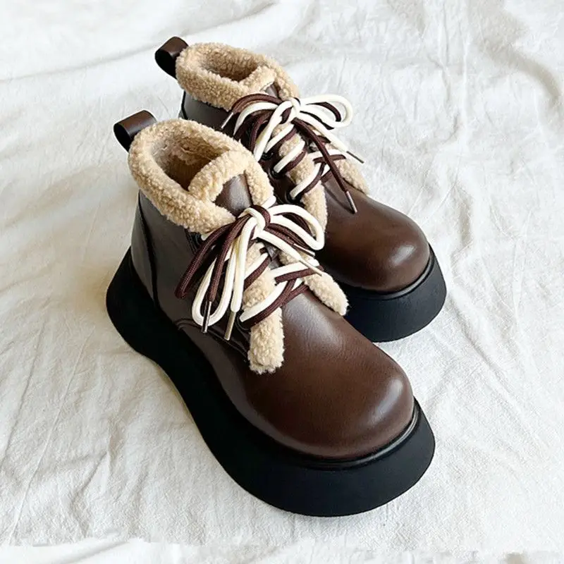 

Женские массивные зимние ботинки на шнуровке с круглым носком, кожаные плюшевые ботинки, удобная и элегантная обувь, осенне-зимняя женская обувь