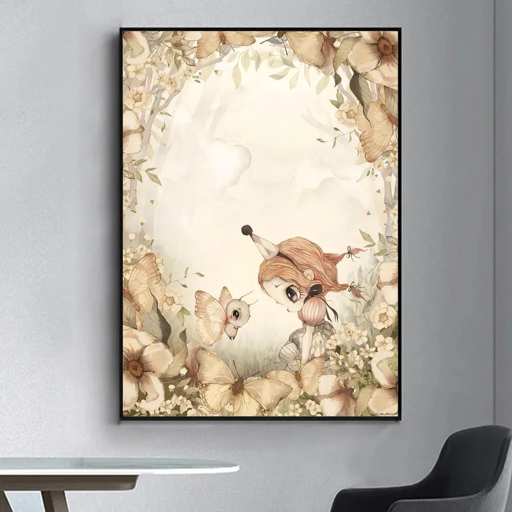 Cute Beige Rabbit Girl Poster Fancy Poster Wall Sticker for Living Room Bar Vintage Decorative Painting Middle