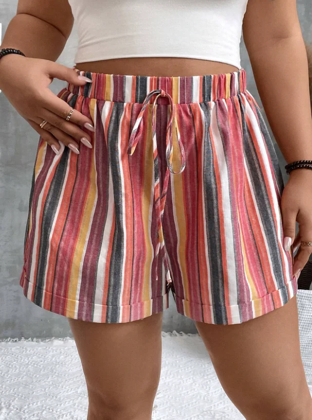 

Plus size women's clothing fat girl Korean style summer dopamine colorful red vertical striped shorts elastic waist drawstring c