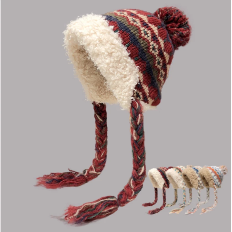 Новый этнический стиль, жаккардовый флисовый теплый пуловер из овечьей шерсти, женская осенне-зимняя уличная вязаная шапка-бомбер с защитой ушей