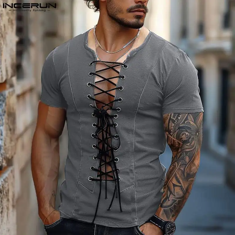 INCERUN Men T Shirt Patchwork V Neck Short Sleeve Lace Up Casual Men Clothing Streetwear 2024 Hollow Out Fashion Camisetas S-5XL