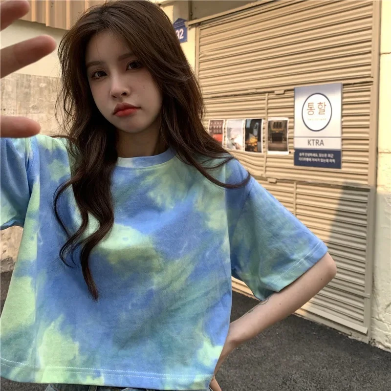 T-shirt a maniche corte tie-dye Top corto estivo da donna e abbigliamento