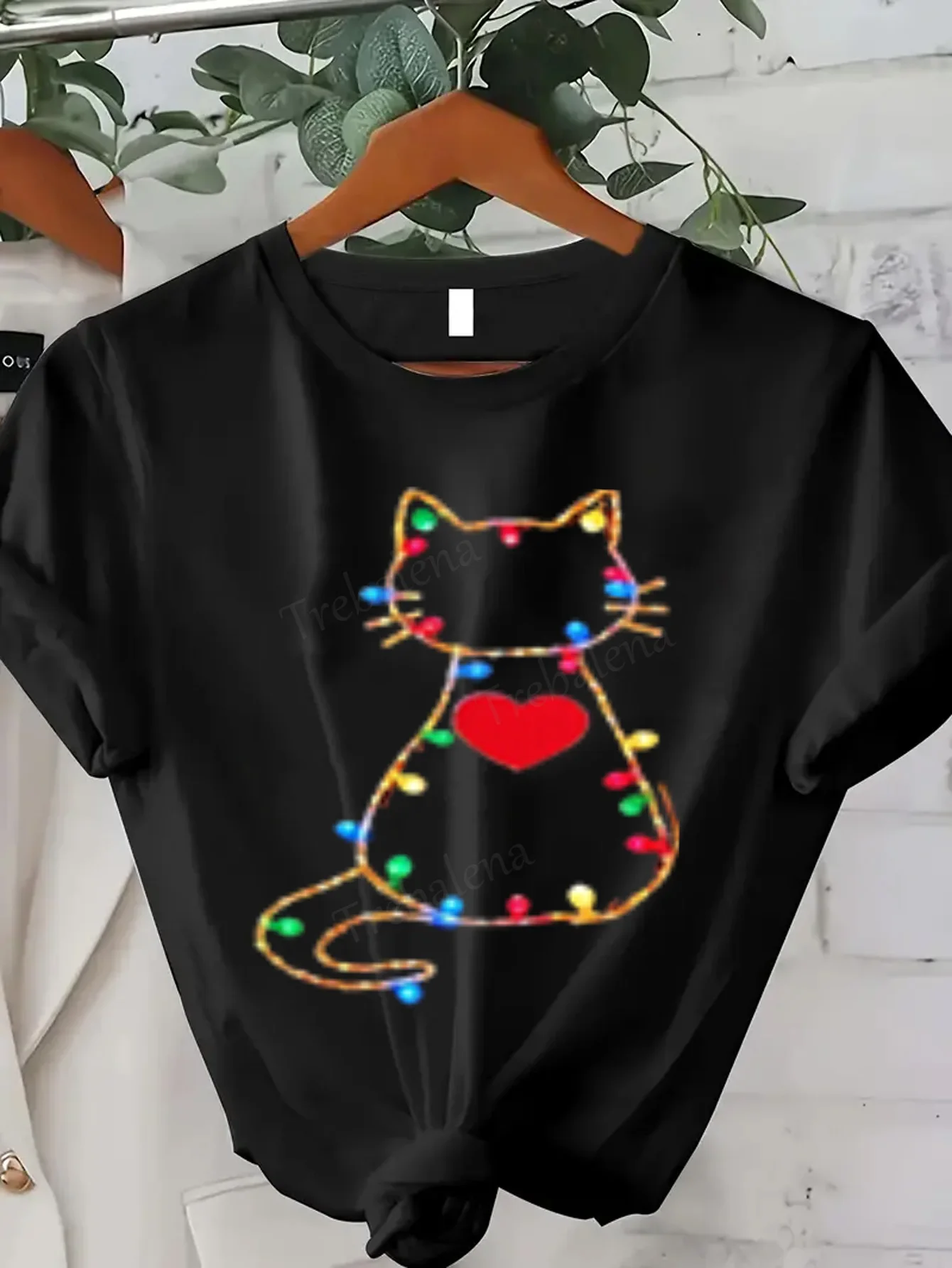 Women T-shirt Christmas Lights Cat T-Shirt for Women, Festive & Sexy