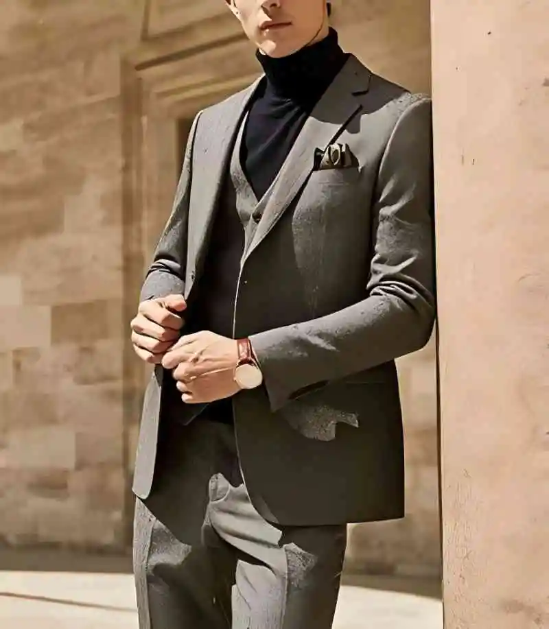 

2024 Men's Wool Suit Formal 3 Pieces Slim Fit Shawl Lapel Tweed Prom Tuxedos For Wedding Groomsmen (Blazer+Vest+Pants)