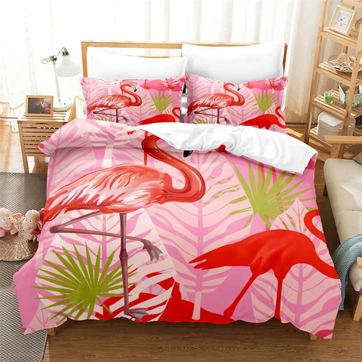 Tropical Floral Palm Leaves Pink Flamingo Duvet Cover Microfiber Summer Hawaiian Wild Animals Theme Room Decor Children Women