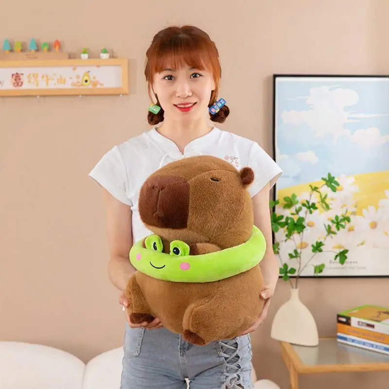 Capybara Plush Cute Capybara With Frog Swimming Rings Plush Toys Soft And Adorable Cartoon Stuffed Plushies For Living Room