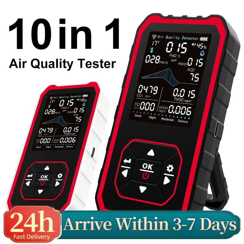 

Indoor Air Quality Monitor for CO2 TVOC HCHO Temp Large Color Screen Indoor Pollution Detector 15H Runtime for Home Office Plant