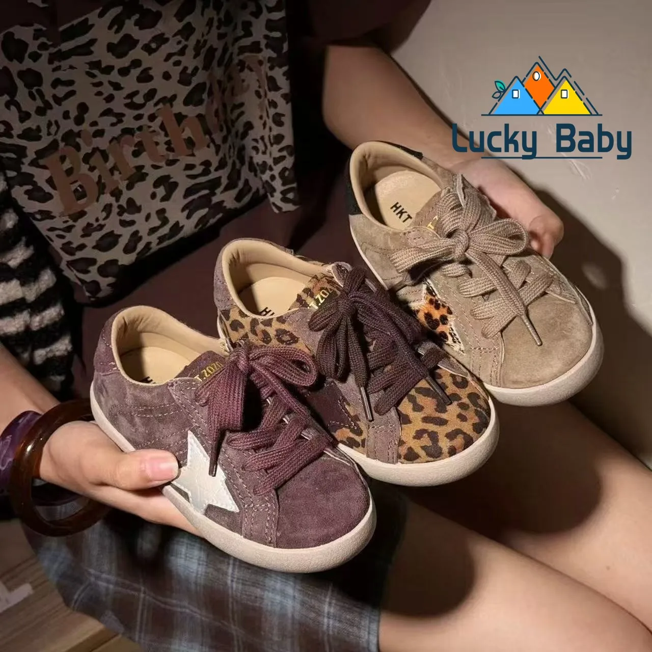 Kids Vintage Star Sneakers Lace‑Up Leopard Splicing Suede Upper Soft Non‑Slip Rubber Sole Lightweight Children Daily CasualShoes