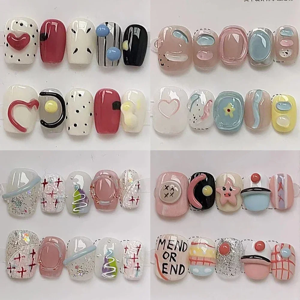 

10Pcs Shiny Colorful Design Cute Short Round Square Full Cover Fake Nail Handmade Y2K Silver Bow Pentagram Artificial Nail