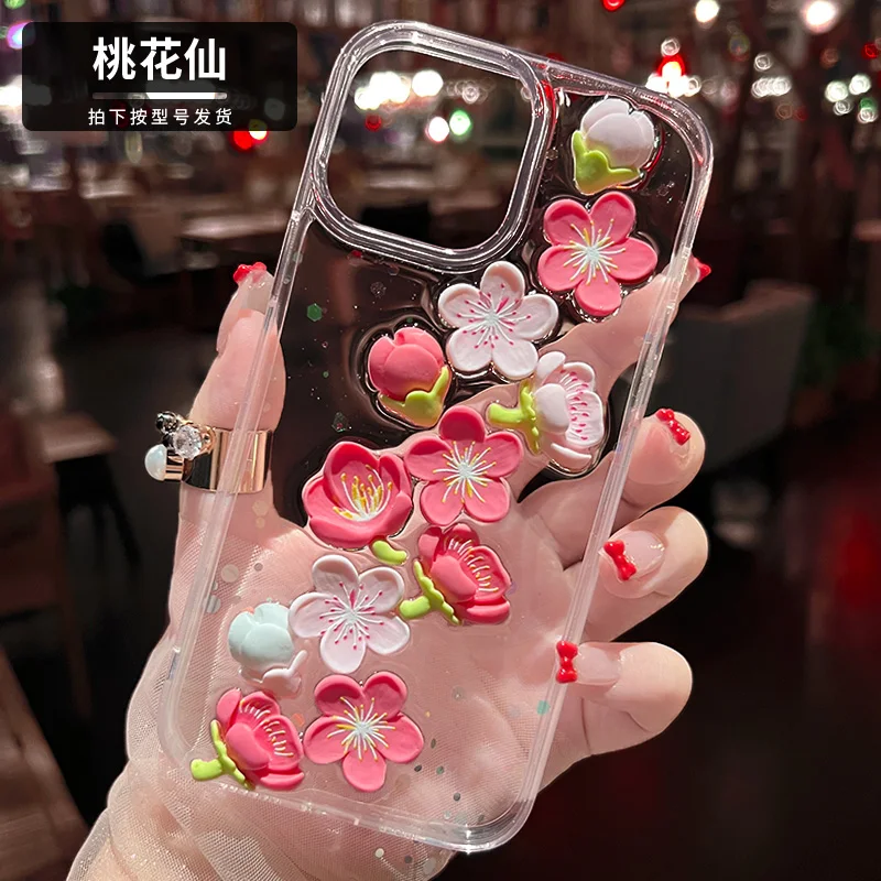 For iPhone 15 Pro Max 14 Plus 13 Mini 12 11 Xsmax Xr 8 Plus Transparent Anti Drop 3D Pink Peach Blossom Protection Phone Case