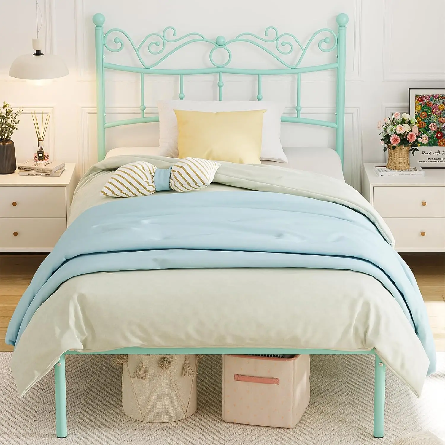 

Twin Bed Frames With Headboard, Elegant Metal Bed Frame For Kids Girls, Modern Twin Size Platform Bed - No Box Spring Needed,
