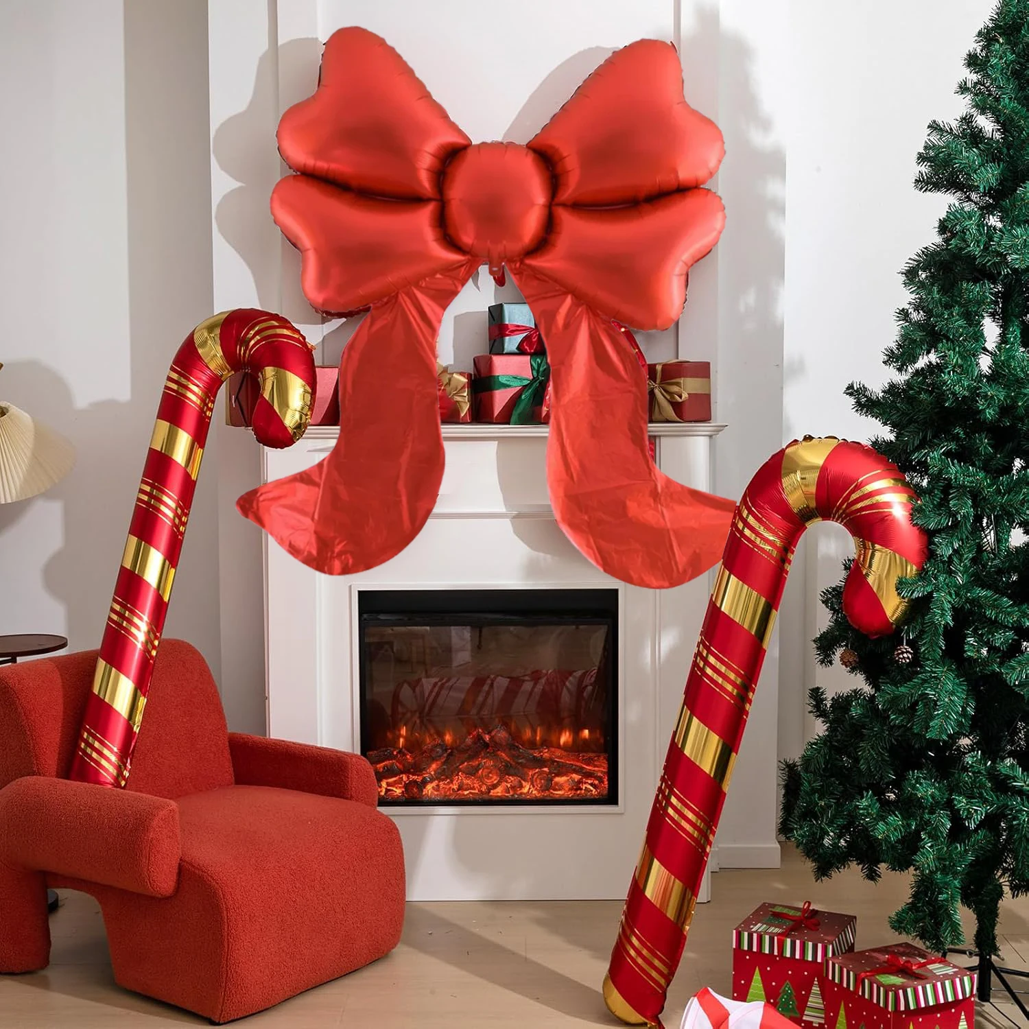 3-teiliges Weihnachtsfeier-Ballon-Set, rote Schleife und Zuckerrohr-Süßigkeitsballons, Neujahrs- und Winterdekorationen, Weihnachtsfeier-Dekorationen