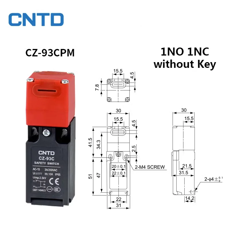 CNTD Limit Switch K1 K2 K3 CZ-93C Series (1NO1NC) Safety Door Micro CZ-93B (2NC) Vertical Interlock 10A 400V