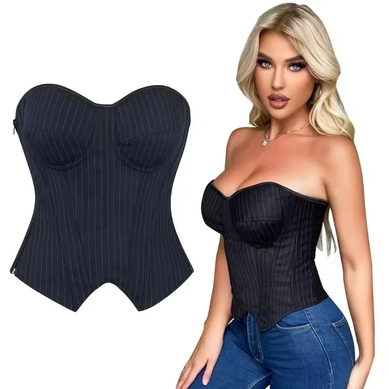 

Women's Zip Black Navy Woven Striped Steampunk Overbust Corset Vintage Bustier Office Lady Sexy Costume Top Corselet
