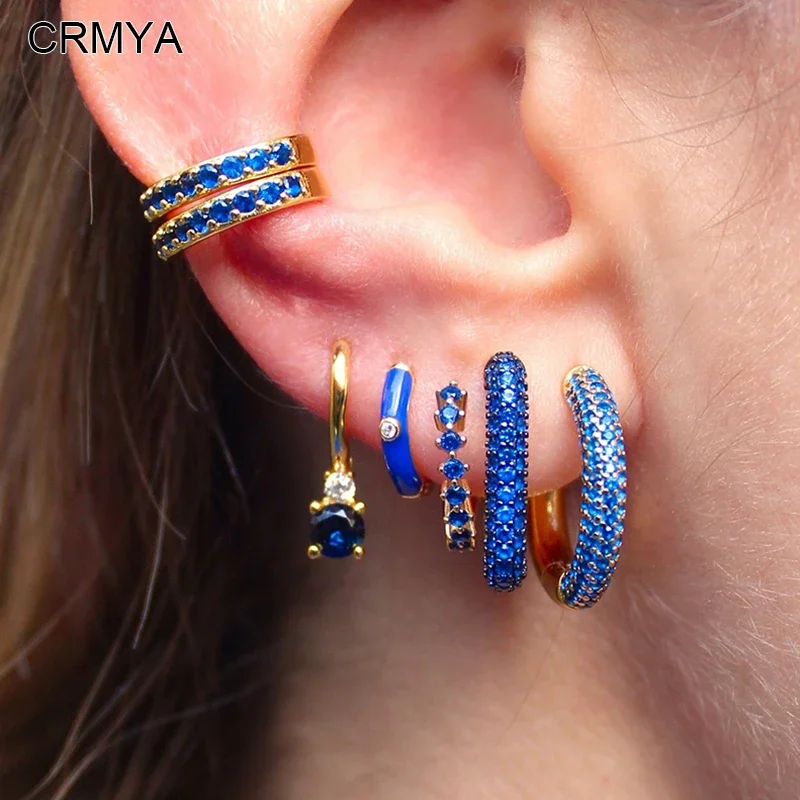 CRMYA Royal Blue Zircon Clip Drop Hoop Earrings For Women Vintage Copper Gold color Famale Earring Set 2023 Jewelry Wholesale