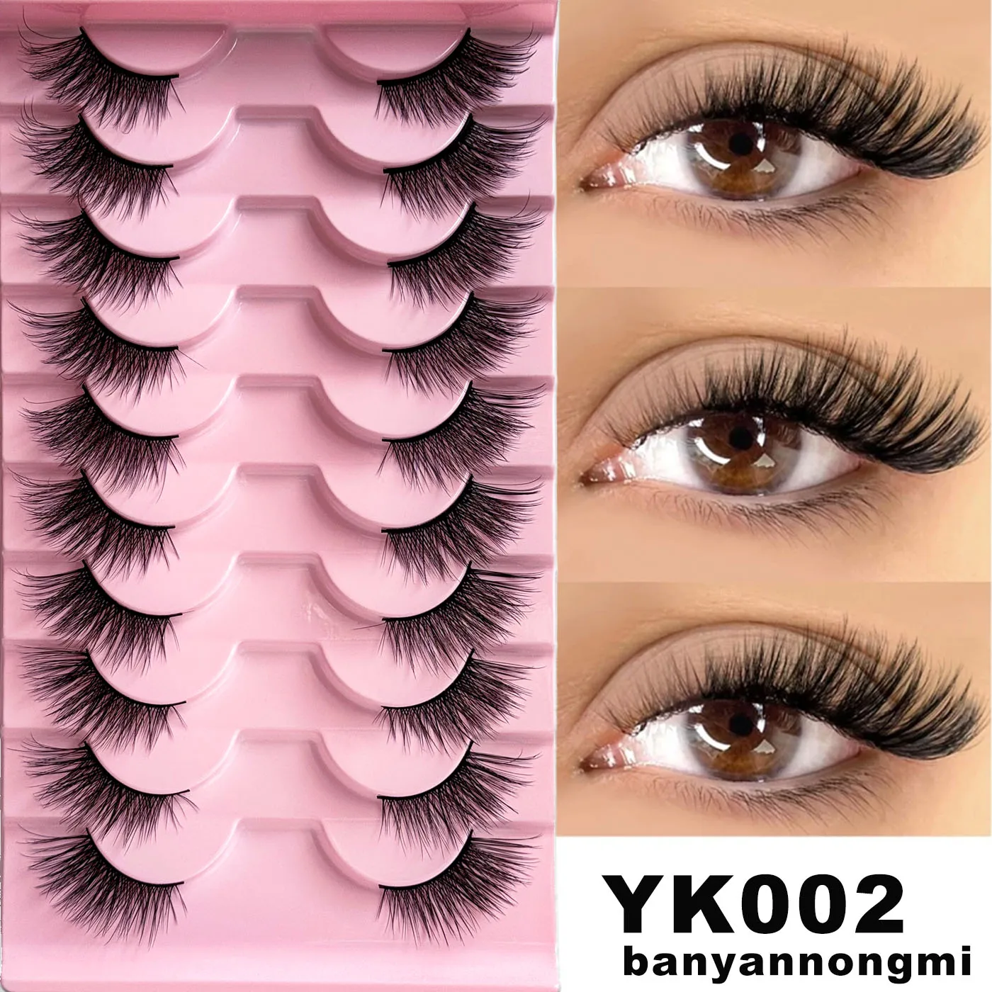 Half-eye lashes with a natural effect, lightweight and short, elongated at the outer corners, suitable for everyday makeup.