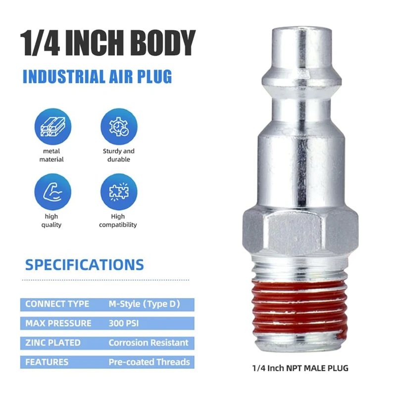 ABVJ-25 Pcs 1/4 Inch Air Hose Fittings, 1/4 Inch Body Size,M-Type Plug,1/4 Inch Male Threads Size, Pre-Coated, 300PSI