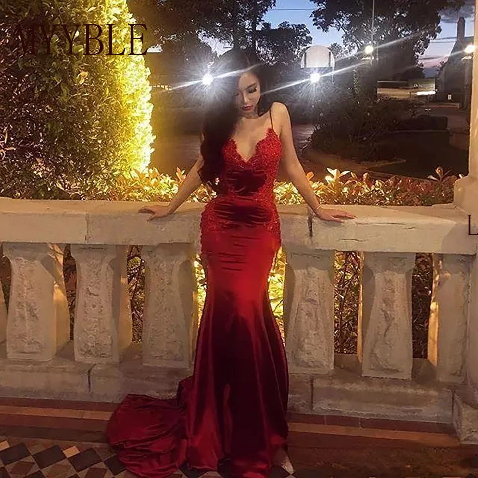 Charming Custom Made Red Lace Evening Gowns  Mermaid Backless Spaghetti Straps Satin Party Prom Dress Formal Occasion Guest