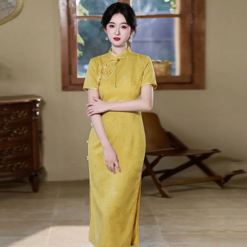 

Spring Summer Yellow Chinese Style New Chinese Daily Suzhou Long Qipao Improved Young Female Qipao Dress