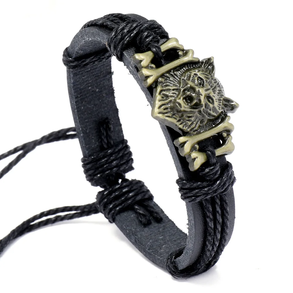 Vintage Woven Leather Bracelet Bracelet Cord Alloy Wolf Head Cowhide Bracelet