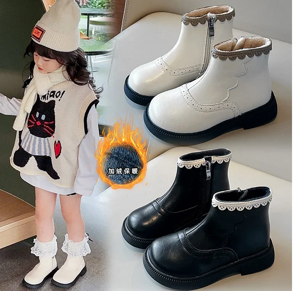 Super Warm Lamb Wool Inside Fashion Children Boots Winter School Shoes Kids Flowers Bordered Holiday Party Princess Shoes