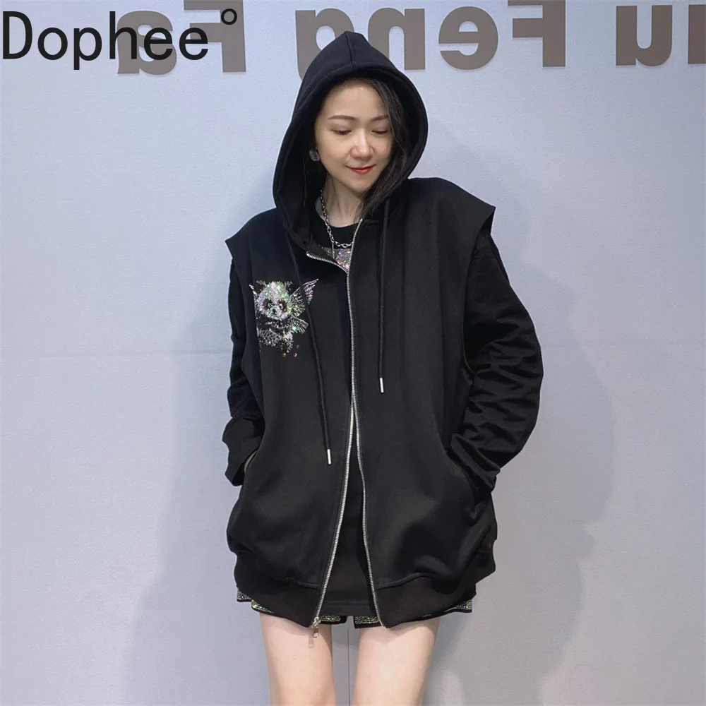 

2025 New Autumn Winter Large Size Black Vests Coat Women Loose Zip Cardigans Top Mid-long Panda Diamond Hooded Sleeveless Jacket