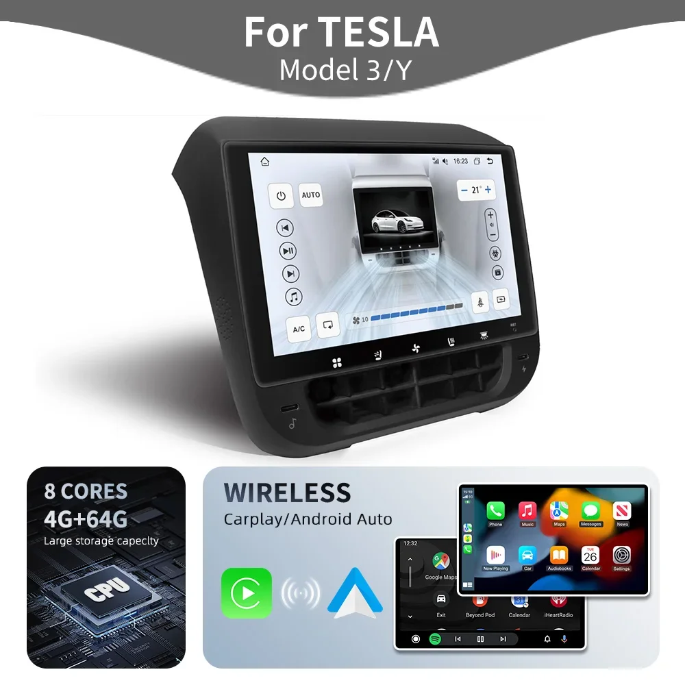 7.2inch Car Radio Carplay Android Auto HD Rear Display For Tesla Model Y 3 WIFI Entertainment Screen 4-Direction Airlet Adjust