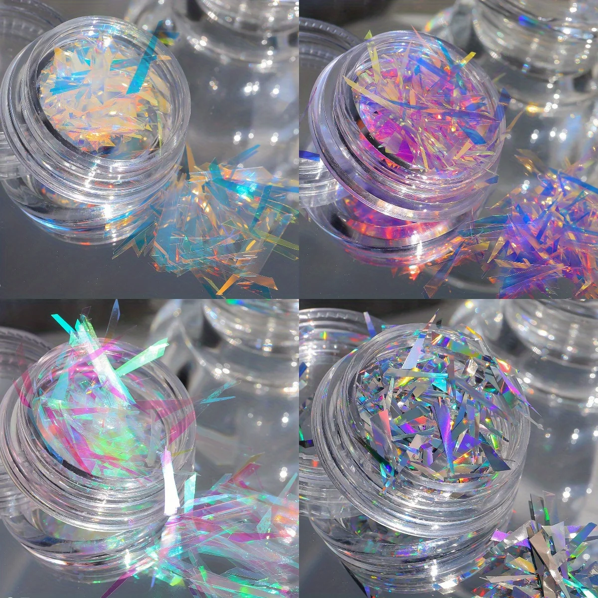 

4 Jars Holographic Nail Strip Glitter, Iridescent Nail Foil Flakes, Shiny Nail Art Decor for Valentine's Day DIY Manicure