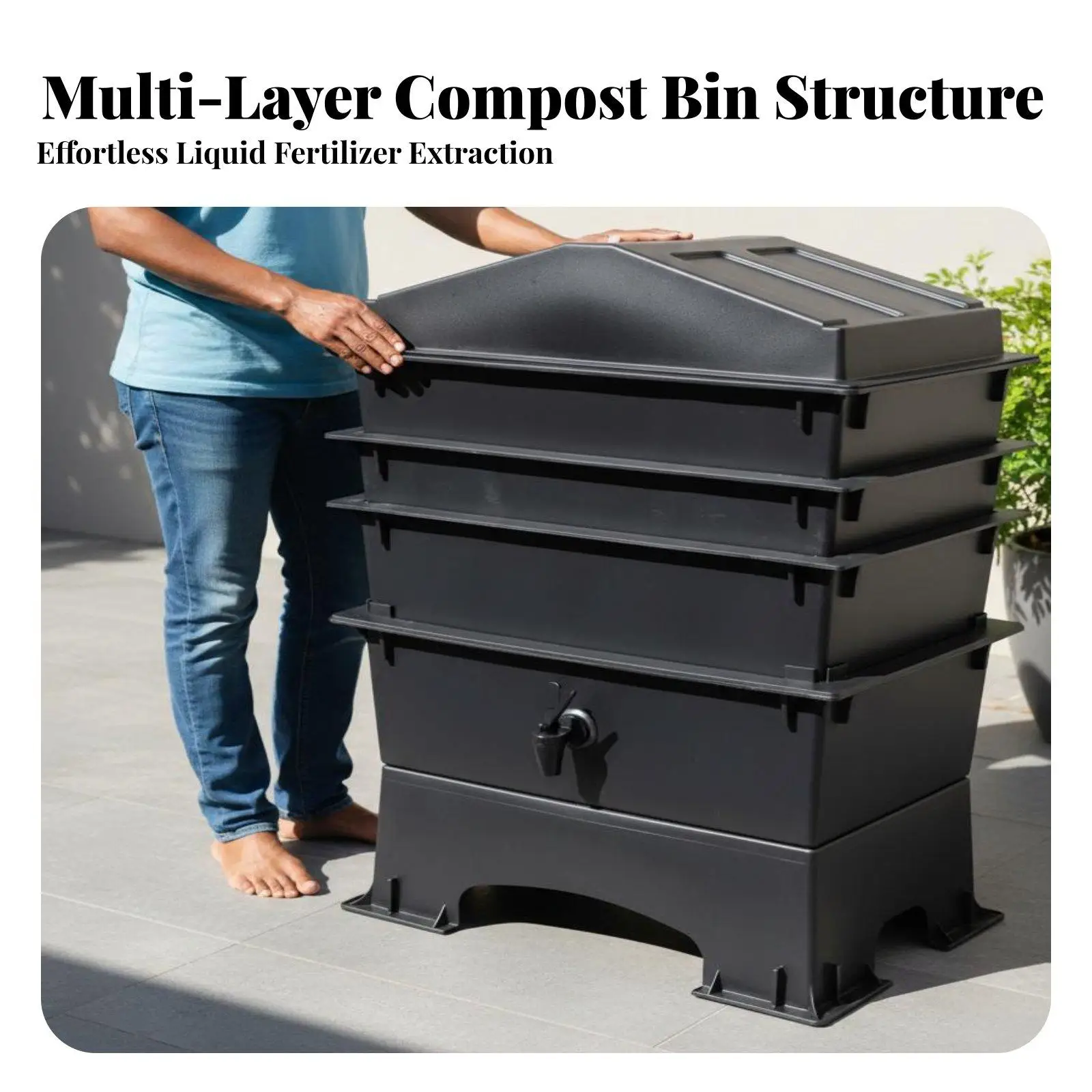 Worm Farm Compost Bin with Drain Spigot for Kitchen Waste Recycling Black Plastic Vermicomposting System