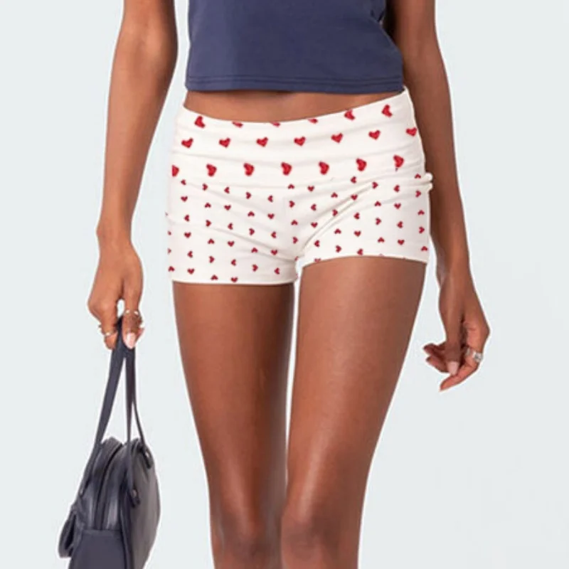 Lindo corazón estampado plegable sobre micropantalones cortos para mujer tiro bajo botín pantalones cortos Y2K pijama Pj Sleep Mini pantalones cortos