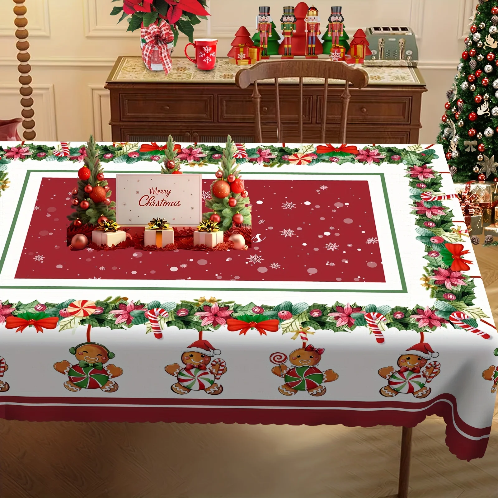 Christmas Flowers Print Candy Gingerbread Man Rectangle Tablecloth Home Dining Room Decor Waterproof Christmas Decorations