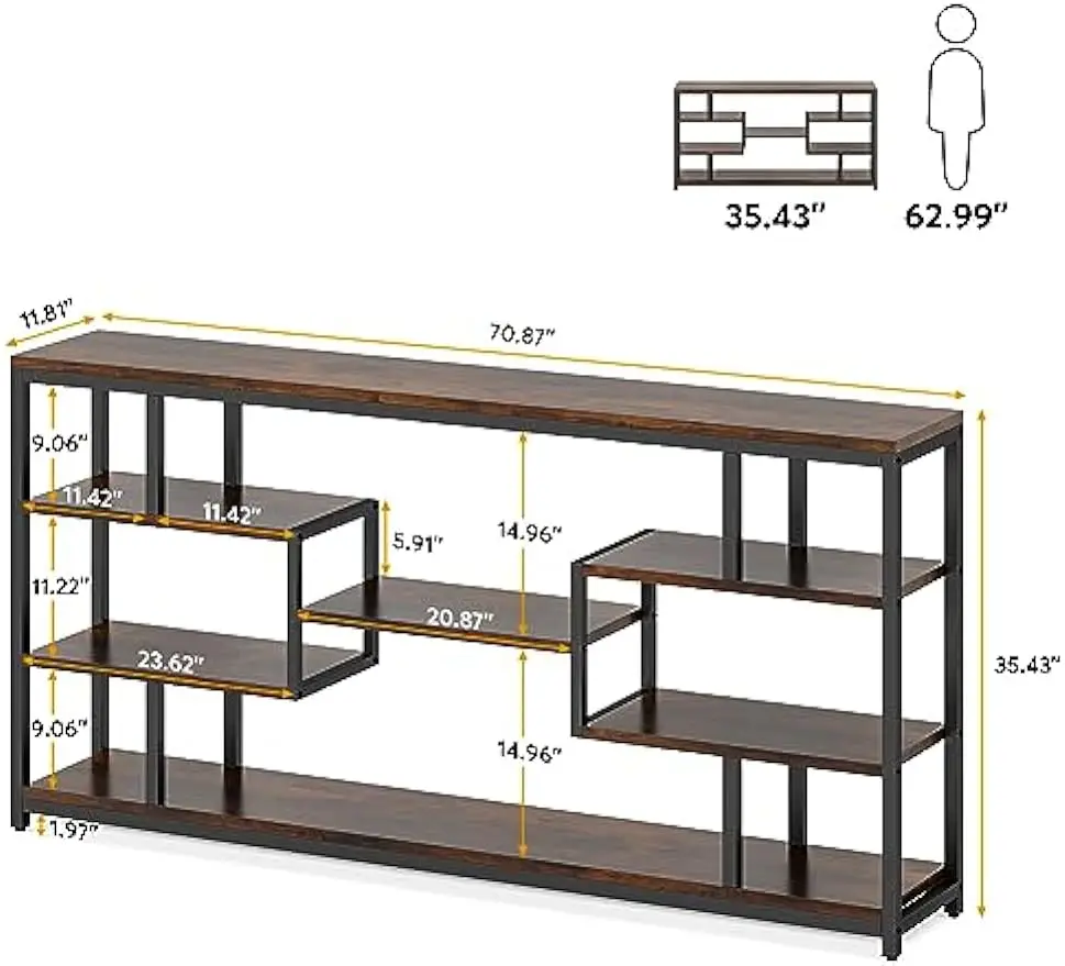 Table console avec étagères de rangement ouvertes, tables d'entrée longues et SAINT, cadre en métal, tables de canapé rustiques pour couloir, 5 niveaux, 70.87 po