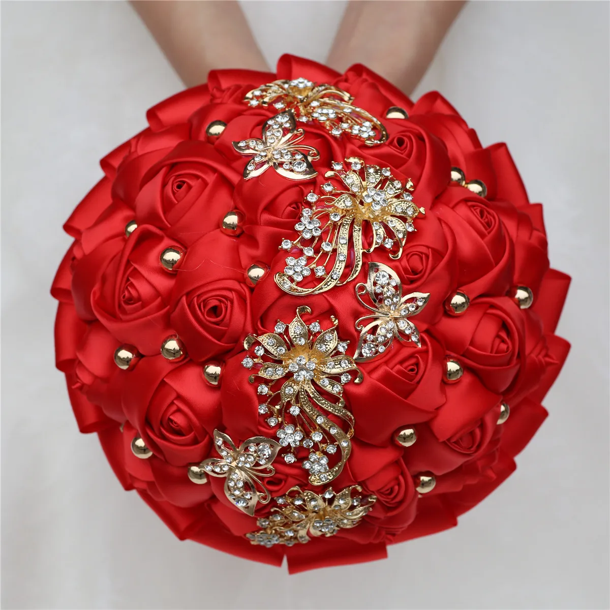 Hot Selling Rood Bruidsboeket Voor Bruid En Bruidsmeisje Goud Strass Parel Holding Bloem Wedding Party Decoratie Groothandel