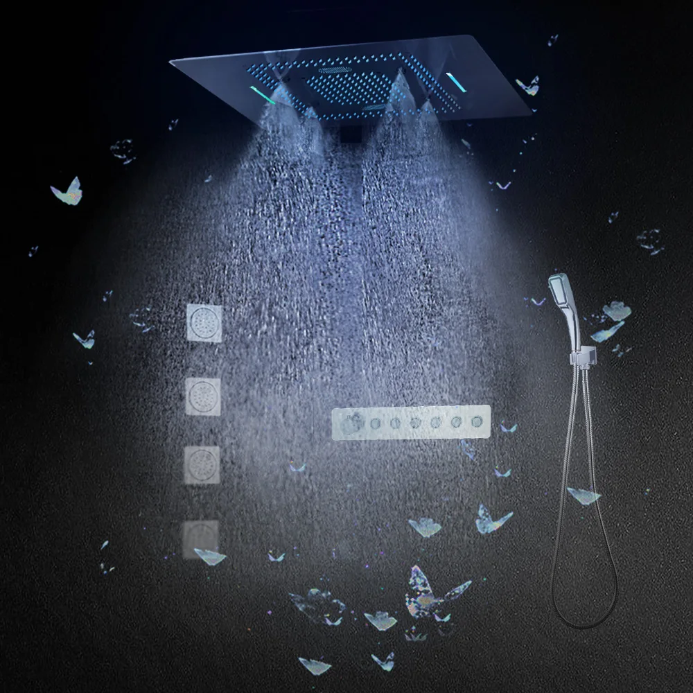 

Concealed Thermostatic Shower System Large Flow Multifunctional Button Faucet LED Ceiling Rain Shower Head Valve SPA Mixer Tap