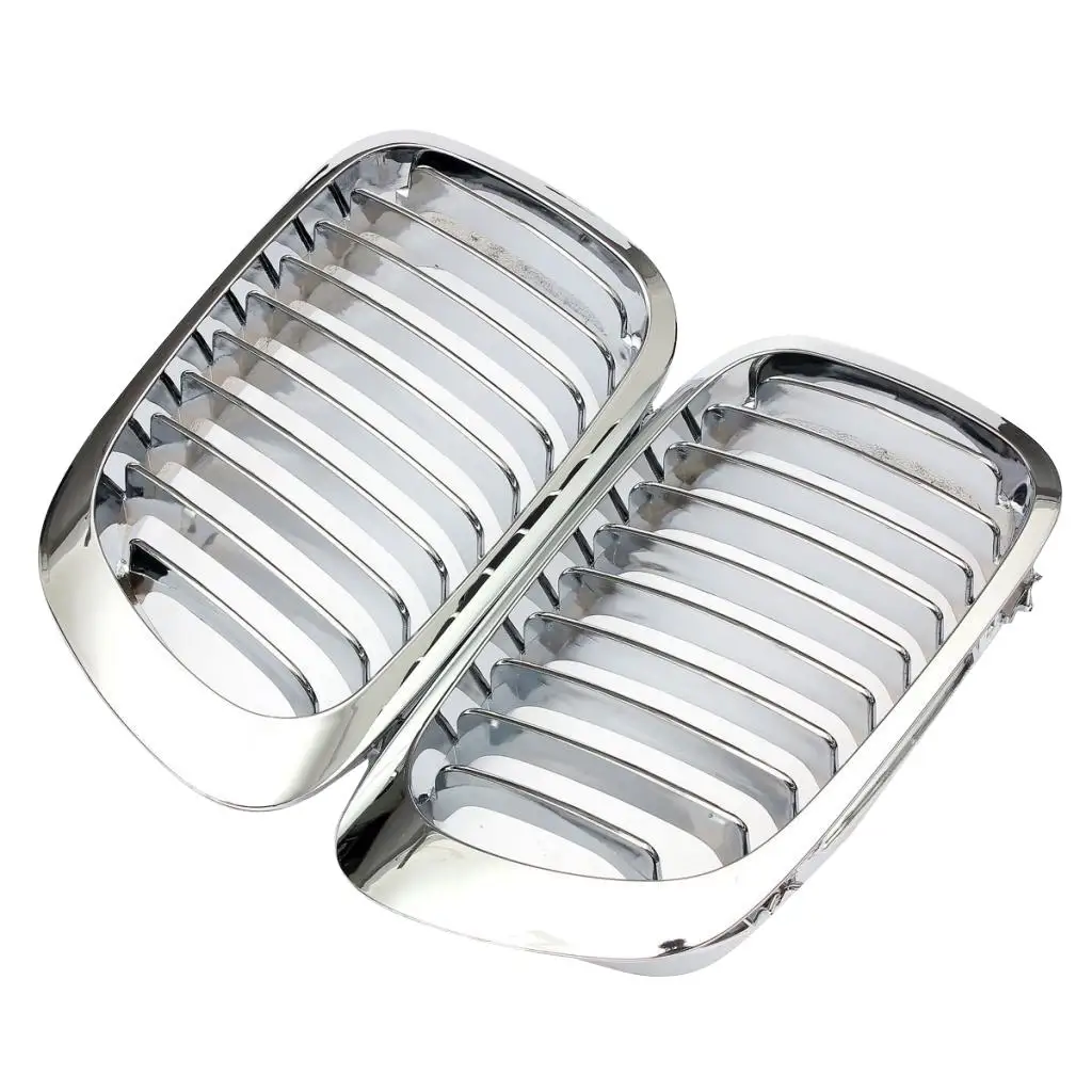 2 Pieces Silver Front Hood Grill Chrome Grille Mesh for BMW E46 M3 3 Series,Car Gloss Black Front Bumper Double Slat Line Grille